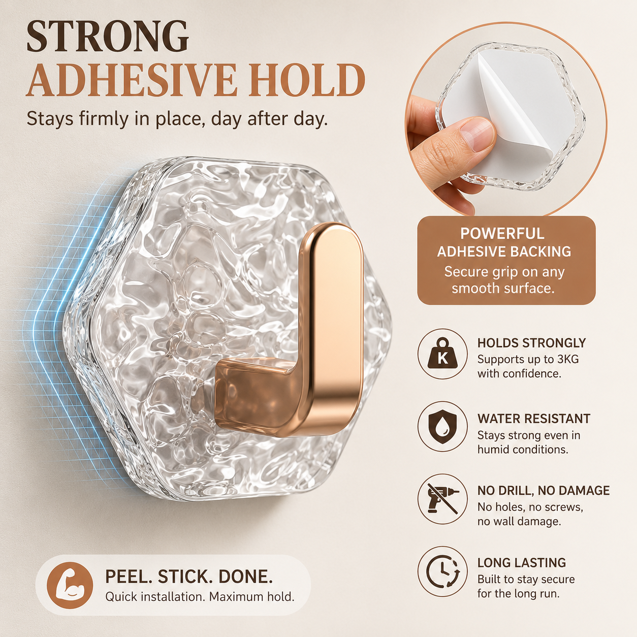 Water Ripple Hexagonal Adhesive Hook (Pack of 4)