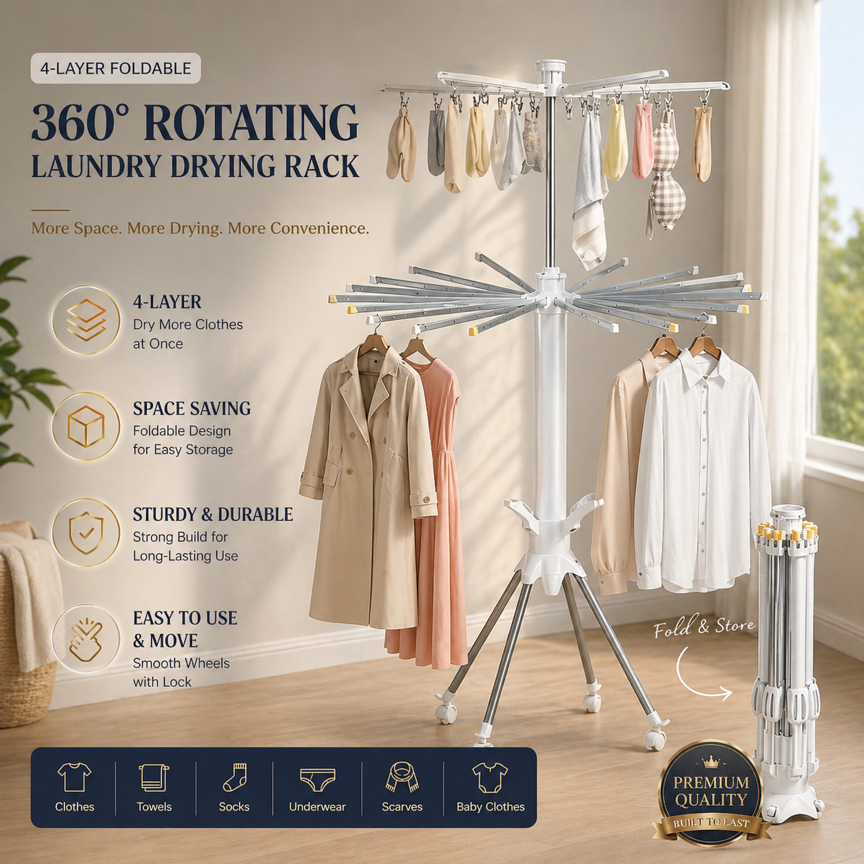 4-Layer Foldable 360° Rotating Laundry Drying Rack