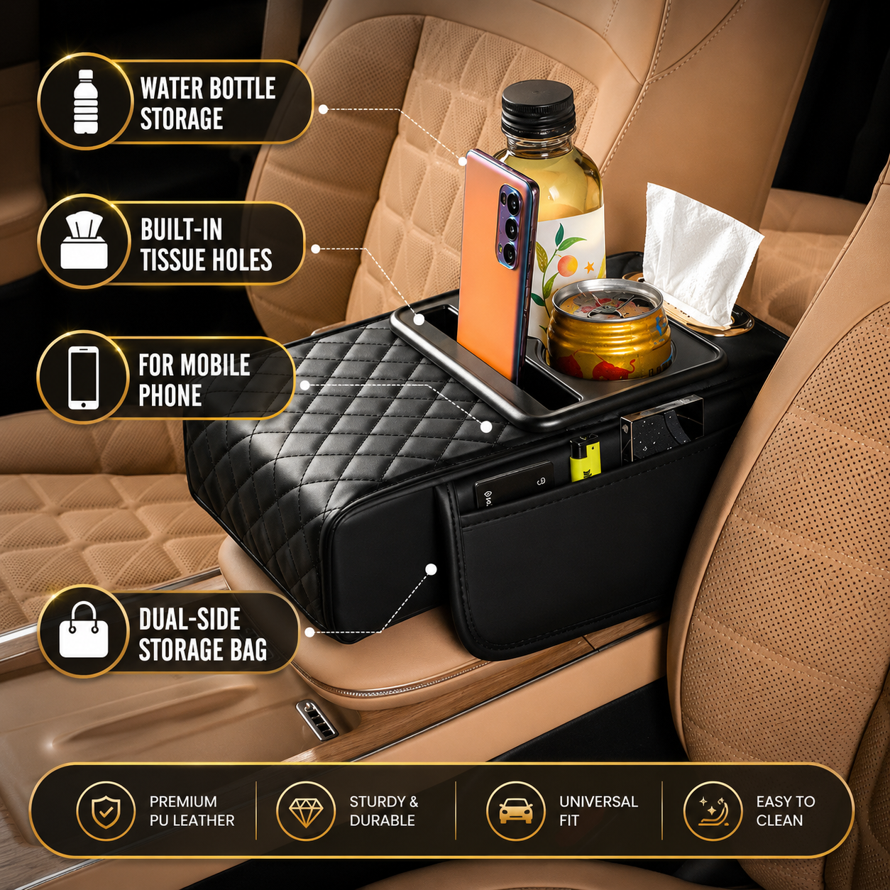5-in-1 Car Armrest Console Cushion with Cup Holder