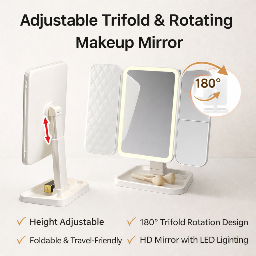 TriFold LED Makeup Mirror with 10X Magnification