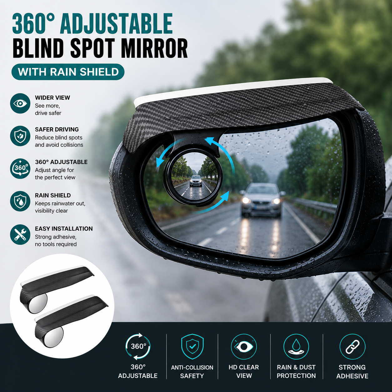360° Blind Spot Mirror Rain Guard - Carbon Fiber