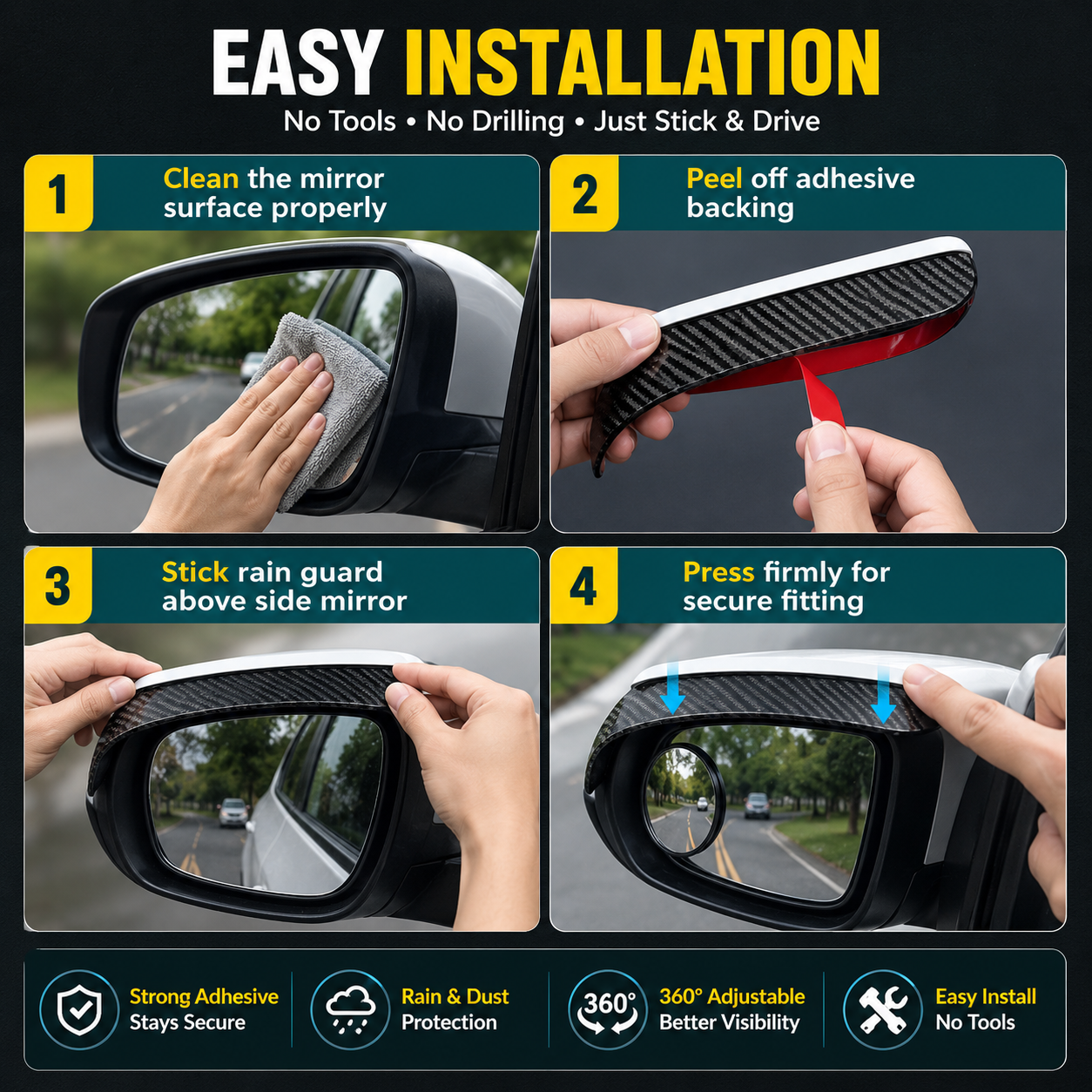 360° Blind Spot Mirror Rain Guard - Carbon Fiber