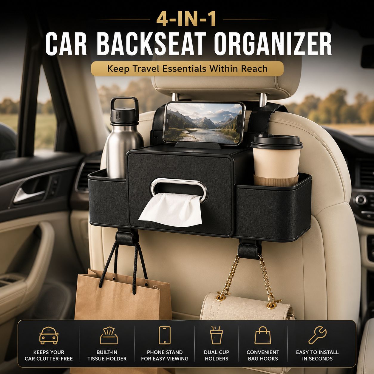Car Backseat Organizer with Tissue & Cup Holder