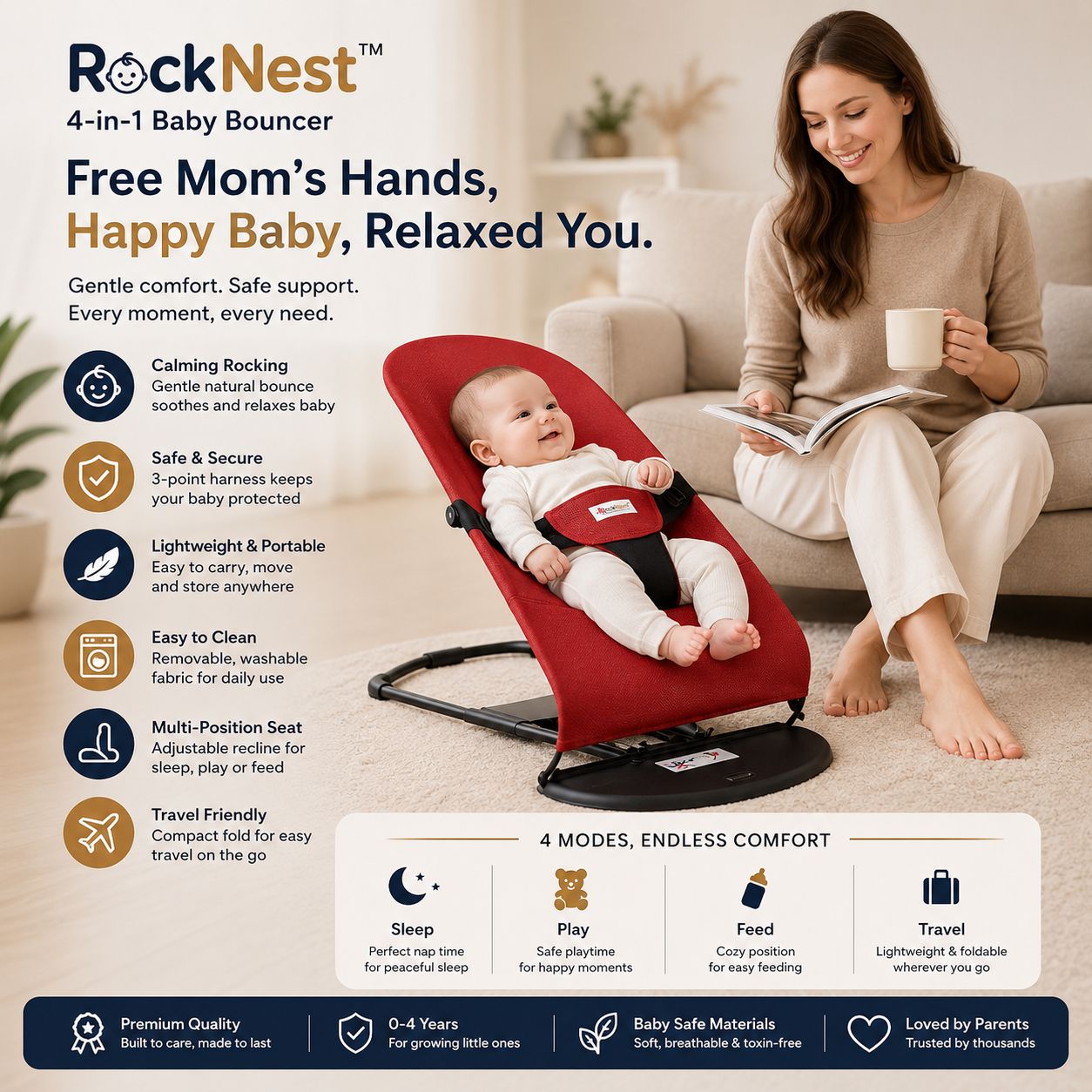 RockNest™ Infant Baby Bouncer Rocking Chair with Music